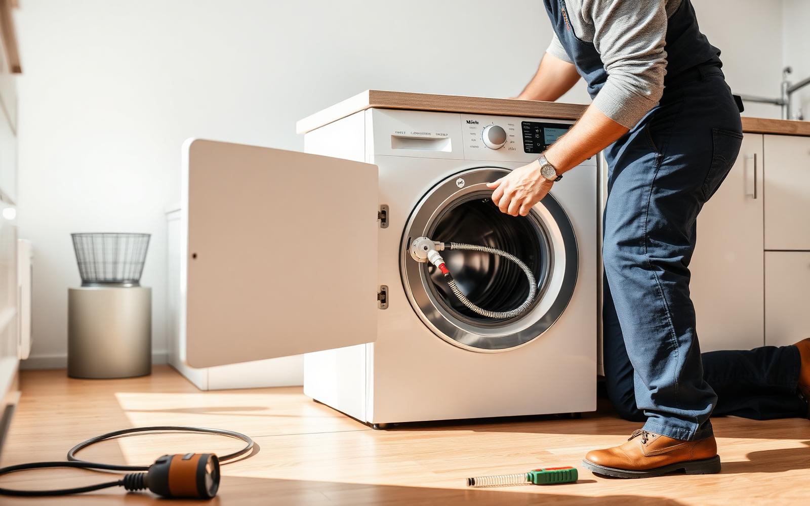 Grün Reparaturdienst schließt eine Miele Waschmaschine in Berlin fachgerecht an – Zulaufschlauch mit Aqua-Stop, Schuko-Stecker, Nivellierung.