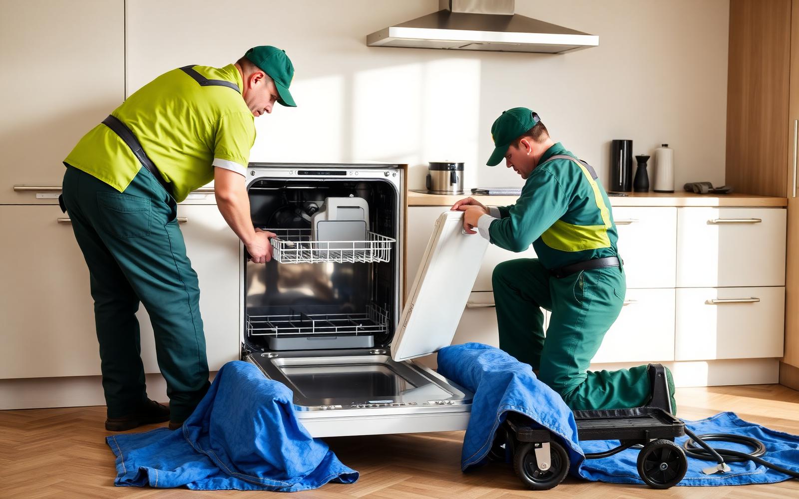 Grün Reparaturdienst demontiert einen Miele Einbau-Geschirrspüler in einer Berliner Küche – blaue Umzugsdecken, Transportkarre, abgeklemmte Wasseranschlüsse.