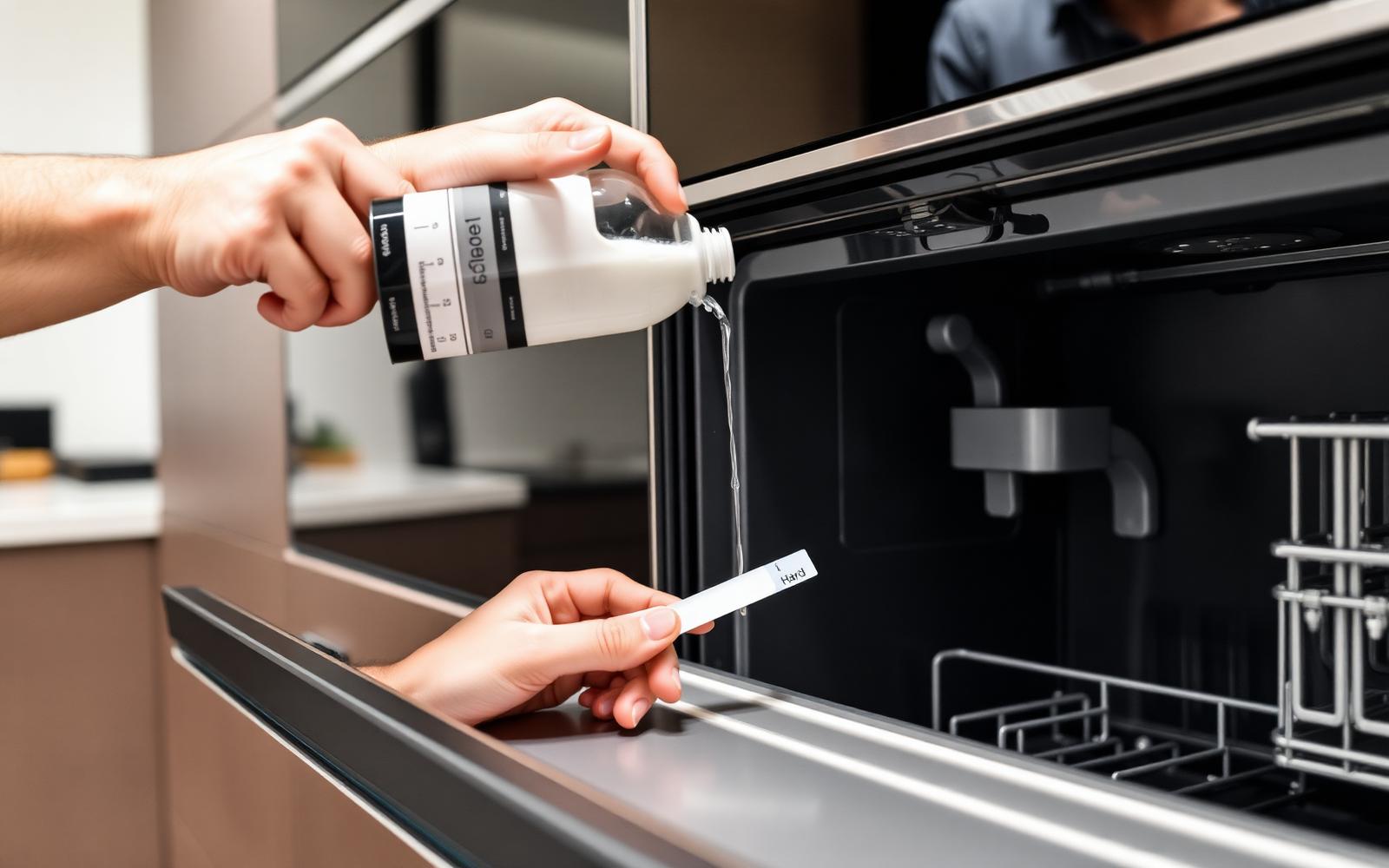 Grün Reparaturdienst prüft in einer Berliner Küche die Wasserhärte an einem Miele Einbau-Geschirrspüler und einem Miele Kaffeevollautomaten und dosiert Entkalker.